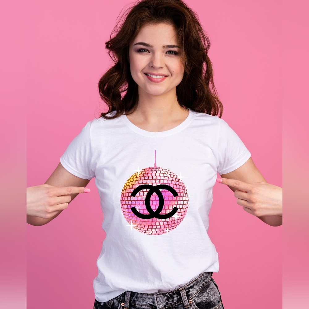 White Unisex T-Shirt with Pink Disco Ball  CC Logo Design